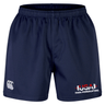 The USA Para Powerlifting Professional Short 2.0 by EMB Canterbury features a navy blue design, elastic waistband, white CCC logo on the left leg, and a USA Para Powerlifting logo on the right—rugby-inspired and durable.