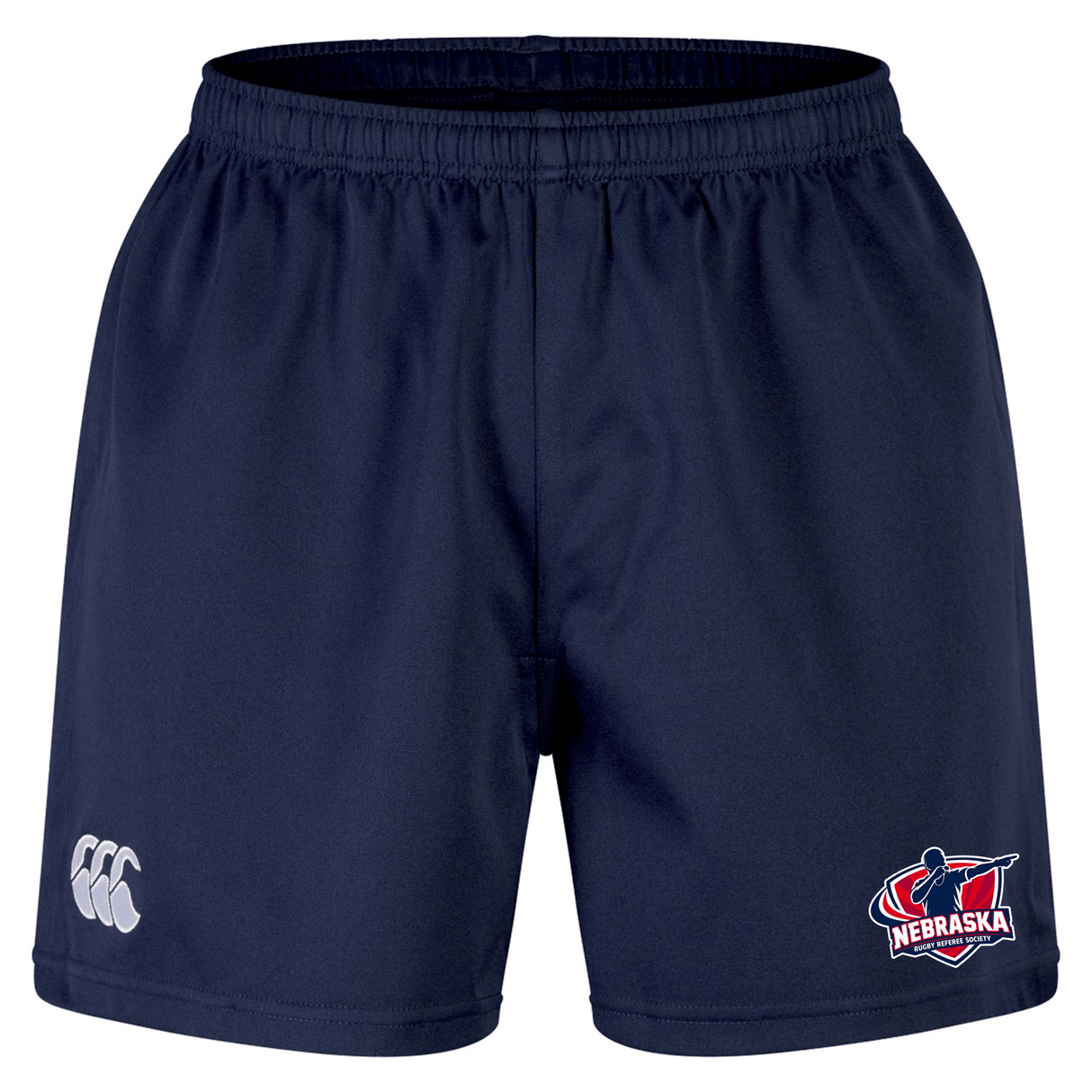 The Nebraska Rugby Referee Society Professional Short 2.0 by EMB Canterbury features an elastic waistband, CCC logo on the left leg, and a Nebraska-themed logo on the right leg—durable navy blue athletic shorts for comfort and style.