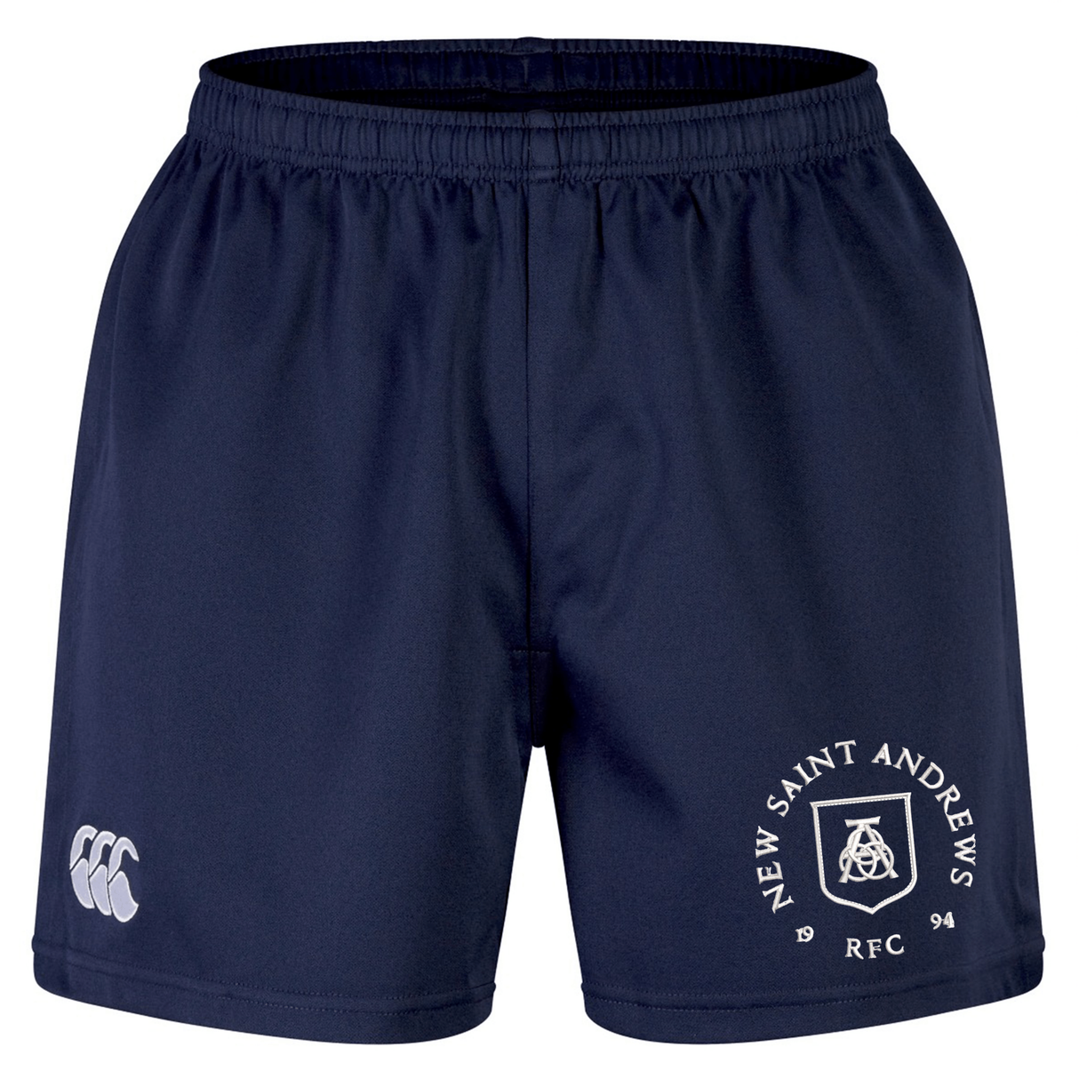 Navy blue New Saint Andrews College Professional Short 2.0 by Canterbury, featuring an elastic waistband, the New Saint Andrews RFC logo, and the EMB Canterbury brand logo on the front—these shorts are crafted for performance and style both on and off the pitch.