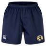 The Old Man Rivah Rugby Professional Short 2.0 by EMB Canterbury are navy blue rugby shorts with an elastic waistband, white CCC logo on the left leg, and a gold and white crest on the right, inspired by the Professional 2.0 design.