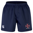 The SF CDME Rugby Professional Short 2.0 by Canterbury, from EMB Canterbury, features a navy blue design with an elastic waistband, a white CCC logo on the left leg, and a red cross with "CDME RUGBY" text on the right leg. These durable athletic shorts are crafted for comfort and long-lasting performance on the rugby field.