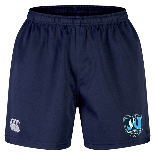 The Minneapolis Mayhem Rugby Professional Short 2.0 by EMB Canterbury features a navy blue design with an elastic waistband, the Canterbury logo on the left leg, and a Minneapolis Mayhem Rugby crest on the right leg. Crafted from recycled polyester sports fabric, these shorts offer durability and comfort both on and off the field.