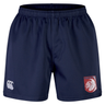 The Montgomery Bucks Griffins Professional Short 2.0 by EMB Canterbury features an elastic waistband, CCC logo on the left leg, and a red and white lion "MERFC" crest on the right, showcasing Canterbury’s renowned sportswear quality.