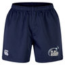 The Play Rugby USA Professional Short 2.0 by EMB Canterbury features a navy blue design with an elastic waistband, the white “CCC” logo on the left leg, and “PLAY USA RUGBY” with stars on the right leg—delivering durable sports shorts crafted for athletes seeking professional rugby shorts quality.
