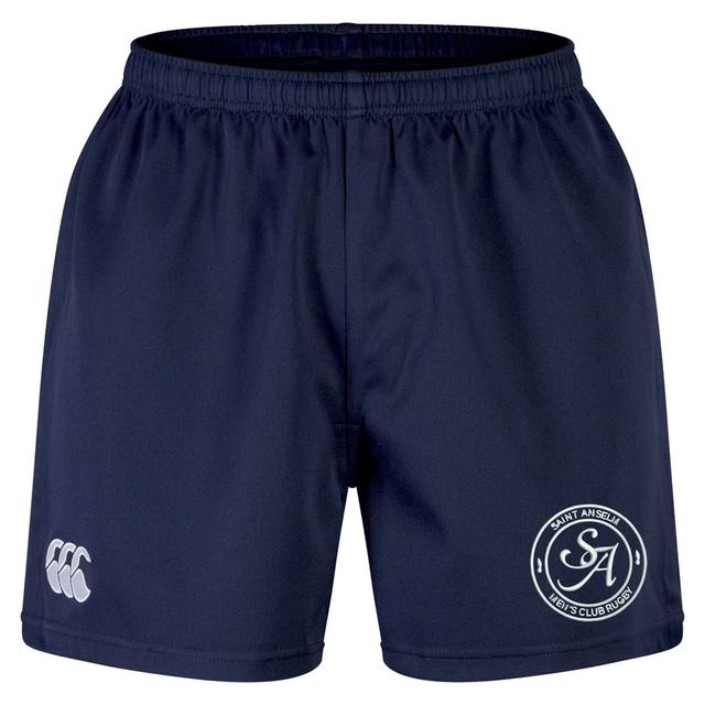 The EMB Canterbury Saint Anselm College Club Rugby Professional Short 2.0 features navy blue fabric, an elastic waistband, and "Saint Anselm Men's Club Rugby" and white CCC logos—durable shorts perfect for training or matches.