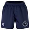 The EMB Canterbury Saint Anselm College Club Rugby Professional Short 2.0 features navy blue fabric, an elastic waistband, and "Saint Anselm Men's Club Rugby" and white CCC logos—durable shorts perfect for training or matches.