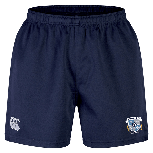 The Milwaukee Barbarians Rugby Professional Short 2.0 by EMB Canterbury features a navy blue design, elastic waistband, CCC logo on the left leg, and Milwaukee Barbarians crest on the right—ideal for intense rugby matches.