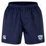 The Milwaukee Barbarians Rugby Professional Short 2.0 by EMB Canterbury features a navy blue design, elastic waistband, CCC logo on the left leg, and Milwaukee Barbarians crest on the right—ideal for intense rugby matches.