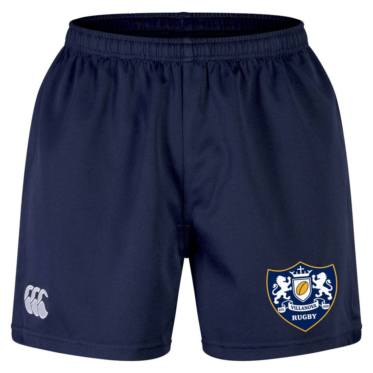The Villanova Rugby Club Professional Short 2.0 by EMB Canterbury features a navy blue design with a white CCC logo on the left leg and a Villanova Rugby crest on the right. Built for durability, these shorts are ideal for intense matches or training sessions.