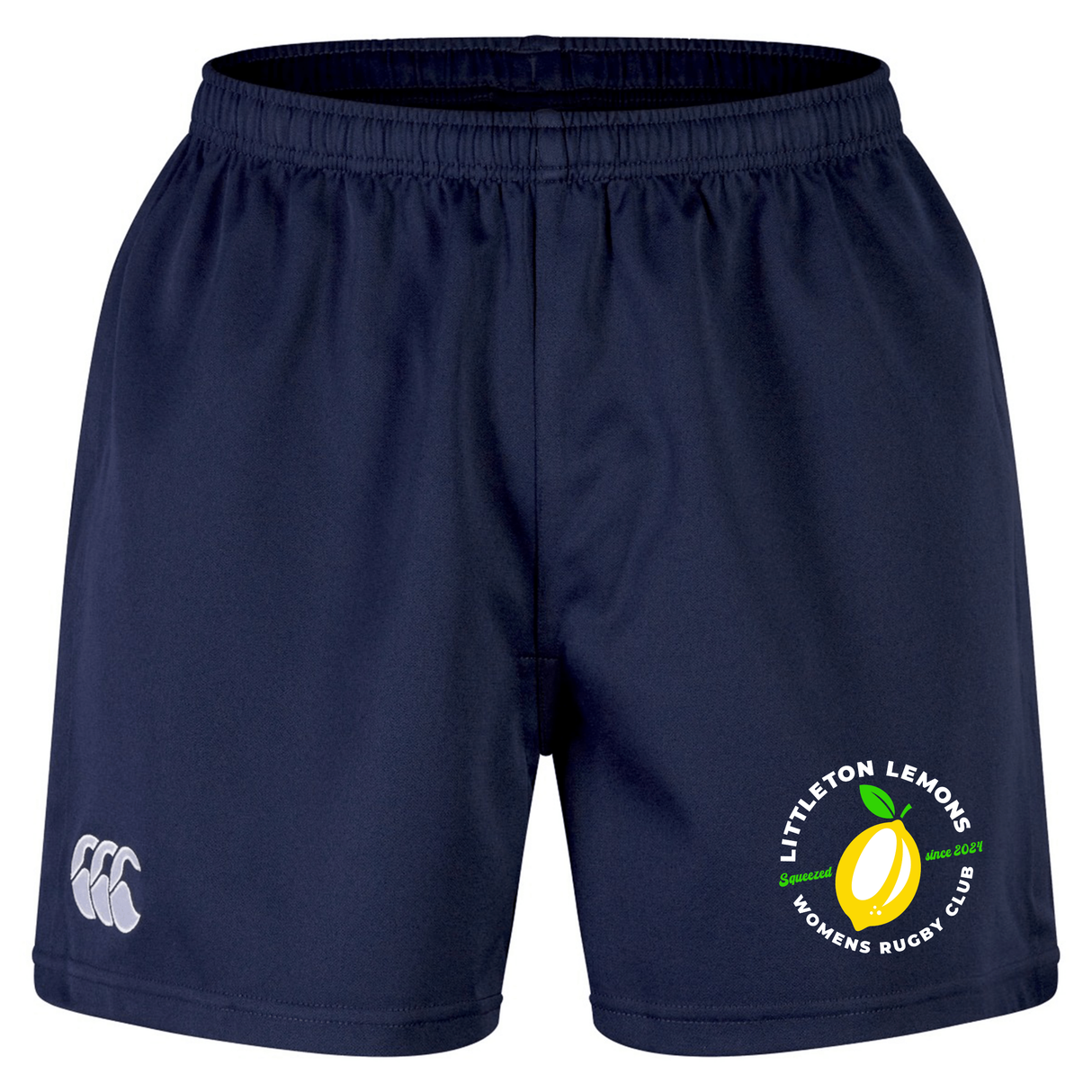 The Littleton Women Rugby Club Professional Short 2.0 by Canterbury features a navy design with an elastic waistband, a white CCC logo on the left leg, and a green and yellow Littleton Lemons Women’s Rugby Club logo on the right leg. Made by EMB Canterbury, these durable rugby shorts are built for maximum comfort and performance on the pitch.
