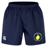 The Littleton Women Rugby Club Professional Short 2.0 by Canterbury features a navy design with an elastic waistband, a white CCC logo on the left leg, and a green and yellow Littleton Lemons Women’s Rugby Club logo on the right leg. Made by EMB Canterbury, these durable rugby shorts are built for maximum comfort and performance on the pitch.