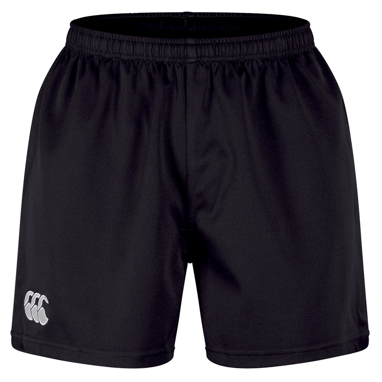 The Canterbury Professional Short 2.0 features a plain black design, elastic waistband for adjustable fit, and a white logo on the lower left leg, ensuring durability and lasting comfort for any athletic activity.