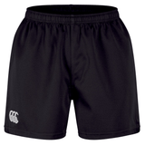 The Canterbury Professional Short 2.0 features a plain black design, elastic waistband for adjustable fit, and a white logo on the lower left leg, ensuring durability and lasting comfort for any athletic activity.