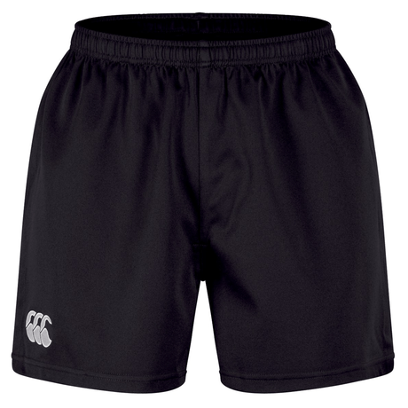 The Canterbury Professional Short 2.0 features a plain black design, elastic waistband for adjustable fit, and a white logo on the lower left leg, ensuring durability and lasting comfort for any athletic activity.