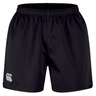 The Canterbury Professional Short 2.0 features a plain black design, elastic waistband for adjustable fit, and a white logo on the lower left leg, ensuring durability and lasting comfort for any athletic activity.