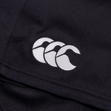 Close-up of black fabric featuring a white embroidered Canterbury logo with three overlapping C's, emphasizing the durability of the Canterbury Professional Short 2.0.