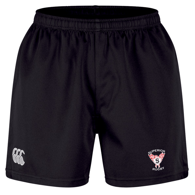 The Superior Rugby Club Professional Short 2.0 by EMB Canterbury features an elastic waistband, a white CCC logo on the left leg, and a Superior Rugby badge on the right leg.