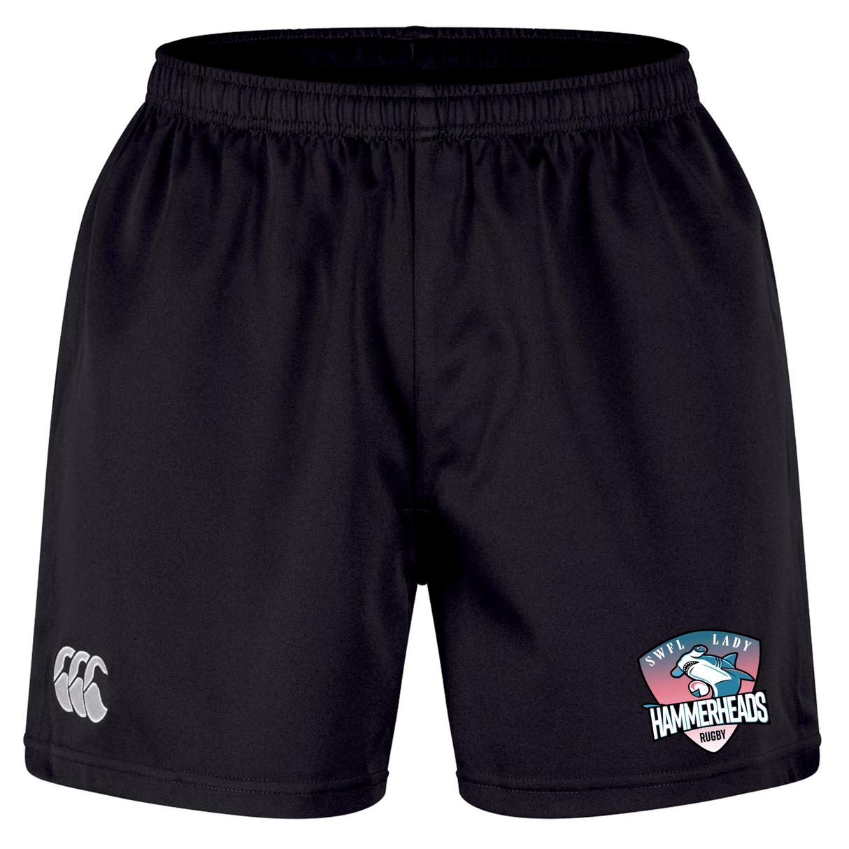 The SWFL Lady Hammerheads Professional Short 2.0 by WRS Canterbury features a white CCC logo on the left leg and a "SWFL Lady Hammerheads Rugby" shark emblem on the right, made from durable recycled polyester for a pro rugby style.
