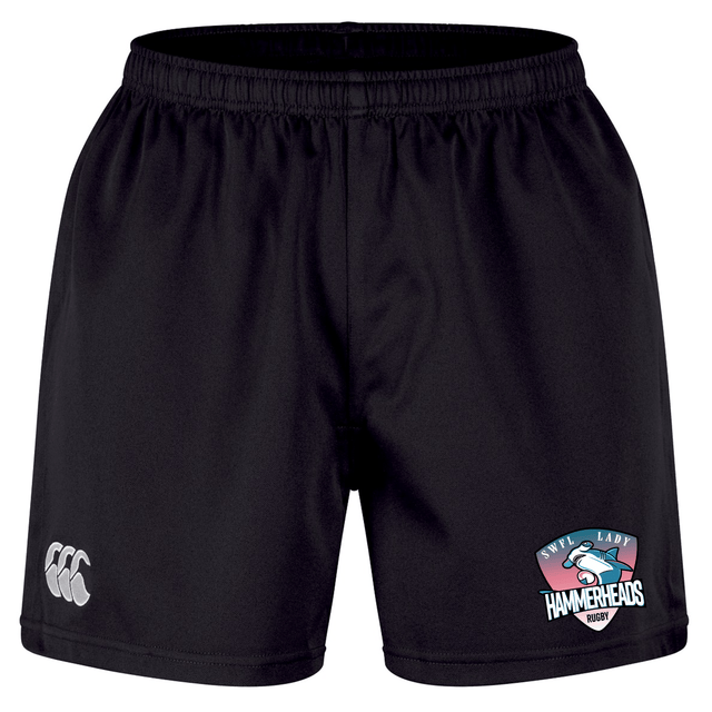 The SWFL Lady Hammerheads Professional Short 2.0 by WRS Canterbury features a white CCC logo on the left leg and a "SWFL Lady Hammerheads Rugby" shark emblem on the right, made from durable recycled polyester for a pro rugby style.