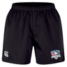 The SWFL Lady Hammerheads Professional Short 2.0 by WRS Canterbury features a white CCC logo on the left leg and a "SWFL Lady Hammerheads Rugby" shark emblem on the right, made from durable recycled polyester for a pro rugby style.