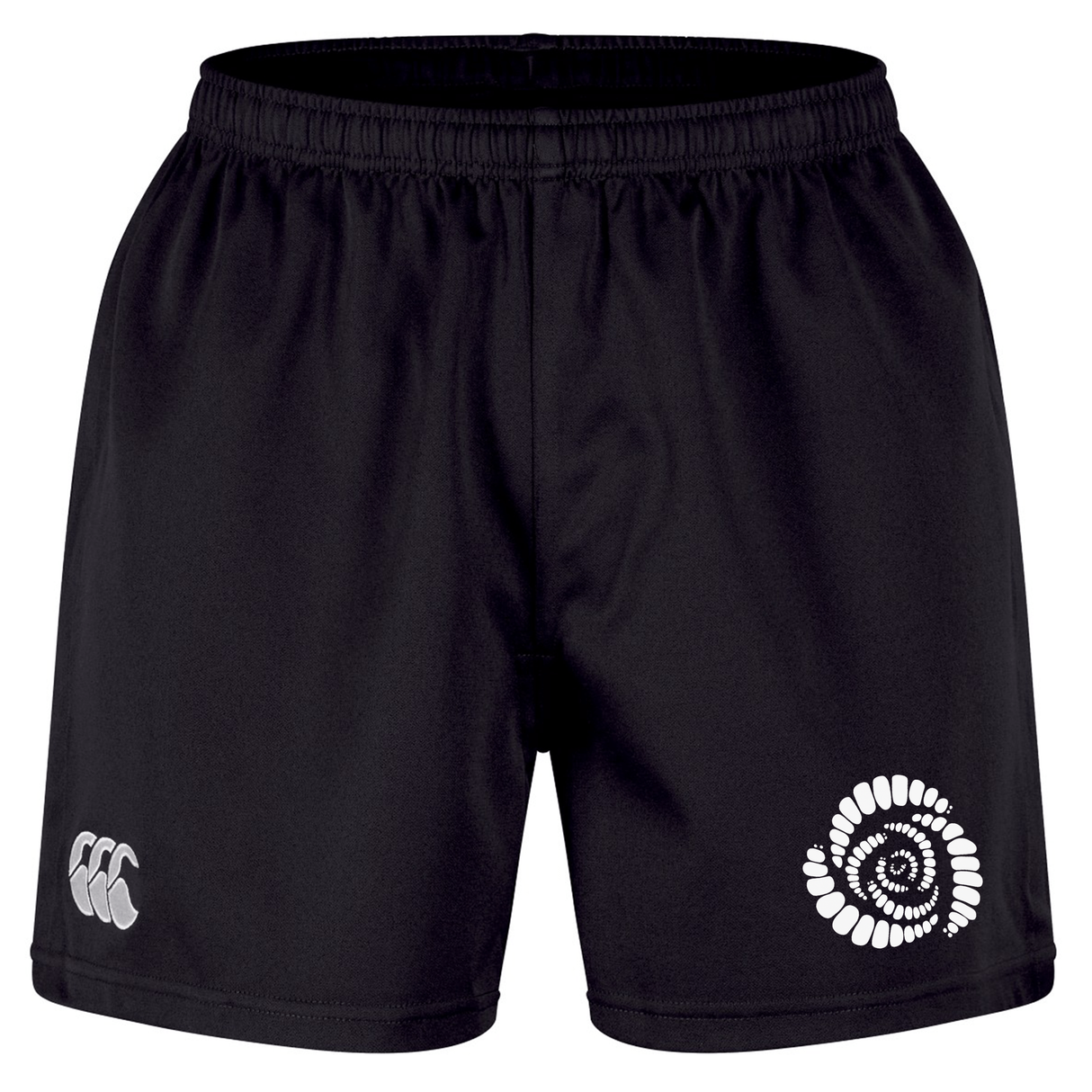 Missoula All-Maggots Professional Short 2.0 by EMB Canterbury are black athletic shorts with an elastic waistband, crafted from recycled polyester for durability and comfort. Designed in the classic rugby shorts style, these Canterbury shorts feature two white logos on the front—one circular design on the right leg and another logo on the left leg near the hem.