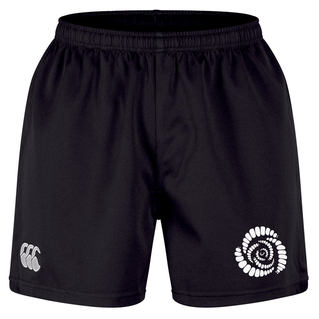 Missoula All-Maggots Professional Short 2.0 by EMB Canterbury are black athletic shorts with an elastic waistband, crafted from recycled polyester for durability and comfort. Designed in the classic rugby shorts style, these Canterbury shorts feature two white logos on the front—one circular design on the right leg and another logo on the left leg near the hem.