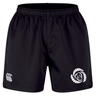 Missoula All-Maggots Professional Short 2.0 by EMB Canterbury are black athletic shorts with an elastic waistband, crafted from recycled polyester for durability and comfort. Designed in the classic rugby shorts style, these Canterbury shorts feature two white logos on the front—one circular design on the right leg and another logo on the left leg near the hem.