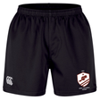 The West Potomac RFC Professional Short 2.0 by Canterbury, from EMB Canterbury, features a black design with an elastic waistband, a white CCC logo on the left leg, and a West Potomac Rugby badge on the right leg. These durable sports shorts are crafted for comfort and performance both on and off the rugby field.