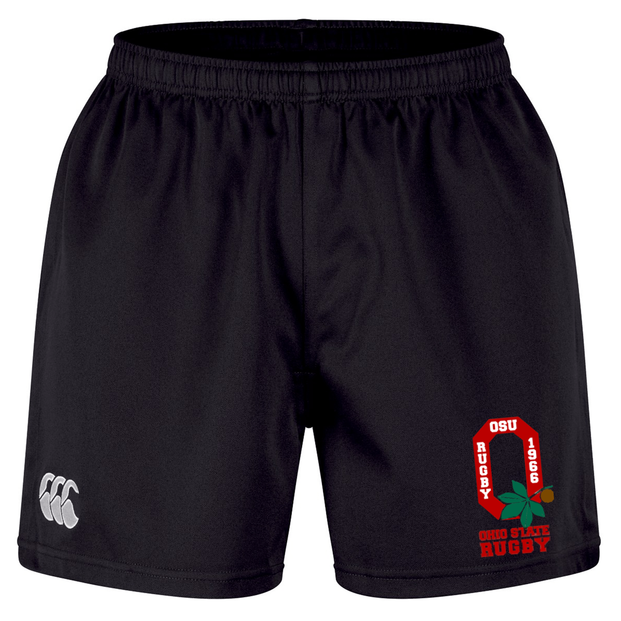 Introducing the Ohio State University Alumni Professional Short 2.0 by EMB Canterbury—black athletic rugby shorts crafted in the Professional 2.0 Short design for superior performance and lasting comfort. These shorts feature an embroidered Ohio State Rugby logo on the left leg and a small white Canterbury logo on the right leg.