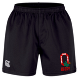Introducing the Ohio State University Alumni Professional Short 2.0 by EMB Canterbury—black athletic rugby shorts crafted in the Professional 2.0 Short design for superior performance and lasting comfort. These shorts feature an embroidered Ohio State Rugby logo on the left leg and a small white Canterbury logo on the right leg.
