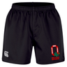 Introducing the Ohio State University Alumni Professional Short 2.0 by EMB Canterbury—black athletic rugby shorts crafted in the Professional 2.0 Short design for superior performance and lasting comfort. These shorts feature an embroidered Ohio State Rugby logo on the left leg and a small white Canterbury logo on the right leg.