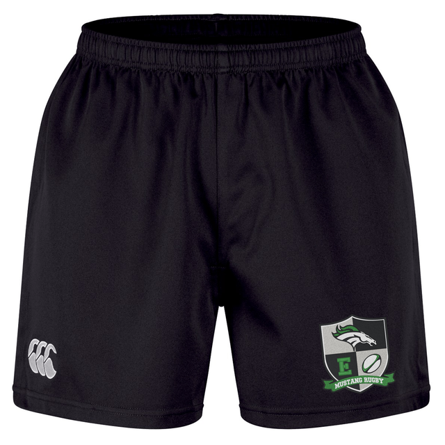 EMB Canterbury Eagle High Mustangs Professional Short 2.0 in black, featuring an elastic waistband, a white Canterbury logo on the left leg, and a green Eagle High Mustangs rugby team crest on the right leg.