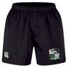 EMB Canterbury Eagle High Mustangs Professional Short 2.0 in black, featuring an elastic waistband, a white Canterbury logo on the left leg, and a green Eagle High Mustangs rugby team crest on the right leg.