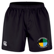 The SOCAL SANZAS RFC Professional Short 2.0 by EMB Canterbury are black athletic rugby shorts with an elastic waistband, showcasing a white Canterbury CCC logo on the left leg and a circular SoCal Rugby Club patch on the right. Designed for comfort and performance both on and off the pitch.
