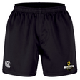 The Chicago Riot Professional Short 2.0 by EMB Canterbury is a black athletic short with a white CCC logo on the left leg and a yellow Chicago Riot Rugby Club logo on the right, designed for performance and style.