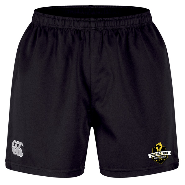 The Chicago Riot Professional Short 2.0 by EMB Canterbury is a black athletic short with a white CCC logo on the left leg and a yellow Chicago Riot Rugby Club logo on the right, designed for performance and style.