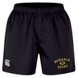 The Monarch Rugby Club Professional Short 2.0 by EMB Canterbury are black athletic shorts with an elastic waistband, showcasing the Monarch Rugby logo in yellow and a white Canterbury logo on the left leg. Part of the Canterbury Professional 2.0 Short line, these durable rugby shorts offer both comfort and performance on the field.