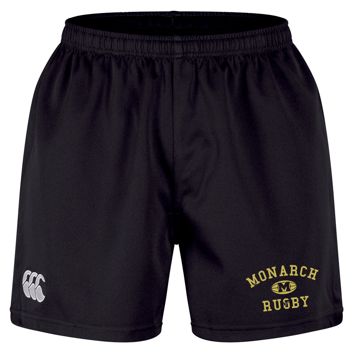 The Monarch Rugby Club Professional Short 2.0 by EMB Canterbury are black athletic shorts with an elastic waistband, showcasing the Monarch Rugby logo in yellow and a white Canterbury logo on the left leg. Part of the Canterbury Professional 2.0 Short line, these durable rugby shorts offer both comfort and performance on the field.