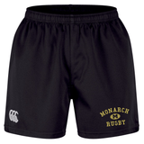 The Monarch Rugby Club Professional Short 2.0 by EMB Canterbury are black athletic shorts with an elastic waistband, showcasing the Monarch Rugby logo in yellow and a white Canterbury logo on the left leg. Part of the Canterbury Professional 2.0 Short line, these durable rugby shorts offer both comfort and performance on the field.