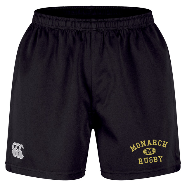 The Monarch Rugby Club Professional Short 2.0 by EMB Canterbury are black athletic shorts with an elastic waistband, showcasing the Monarch Rugby logo in yellow and a white Canterbury logo on the left leg. Part of the Canterbury Professional 2.0 Short line, these durable rugby shorts offer both comfort and performance on the field.