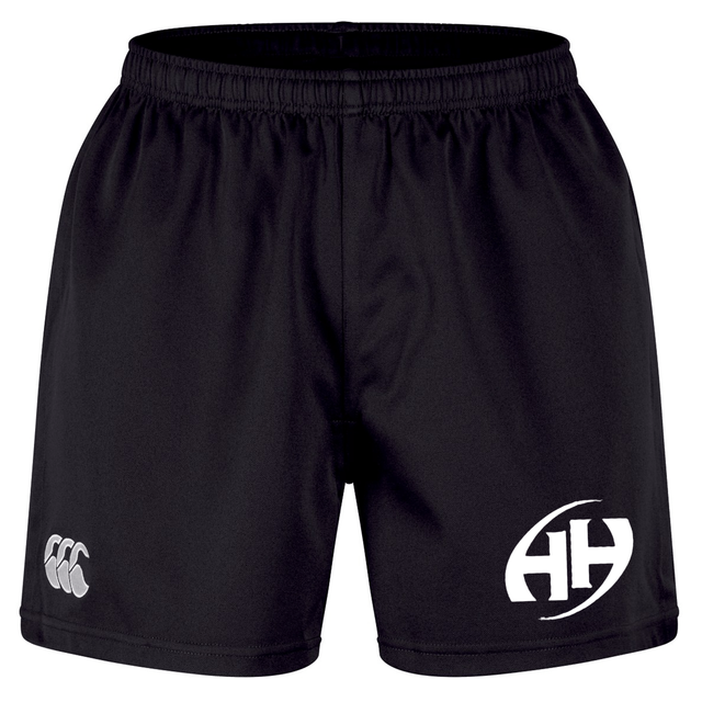 The Clarksville Headhunters Professional Short 2.0 by EMB Canterbury features a black design with an elastic waistband and two white logos—one on the left thigh and one on the right thigh. These durable athletic shorts are built for comfort and performance during intense workouts or professional sports activities.