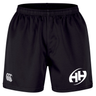 The Clarksville Headhunters Professional Short 2.0 by EMB Canterbury features a black design with an elastic waistband and two white logos—one on the left thigh and one on the right thigh. These durable athletic shorts are built for comfort and performance during intense workouts or professional sports activities.