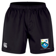 The Las Colinas Rugby Professional Short 2.0 by Canterbury from EMB Canterbury features an elastic waistband, a white EMB Canterbury logo on the left leg, and a vibrant Las Colinas RFC crest on the right leg. These durable shorts are designed for optimal performance and comfort, making them ideal as rugby shorts or for everyday training wear.