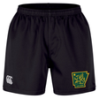 The Arkansas Gryphons Professional Short 2.0 by EMB Canterbury features a black athletic design with an elastic waistband, highlighted by a white Canterbury logo on the left leg and a green and yellow Arkansas gryphon emblem with “est. 2006” on the right leg—delivering both style and quality for every athlete.