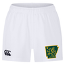 The Arkansas Gryphons Professional Short 2.0 by EMB Canterbury are white rugby shorts featuring the iconic Canterbury logo on the left leg and a green and yellow Arkansas Gryphons emblem with a griffin and “est. 2006” on the right leg.
