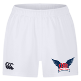 Introducing the University of Southern Indiana Women Professional Short 2.0 by EMB Canterbury—white rugby shorts featuring the Canterbury logo on the left leg and a USI Women’s Rugby winged logo on the right. Crafted for durability, these athletic shorts withstand rigorous gameplay while providing exceptional comfort and style both on and off the field.