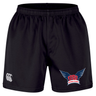 These University of Southern Indiana Women Professional Short 2.0 by EMB Canterbury rugby shorts feature a classic black design with an elastic waistband, a CCC logo on the left leg, and a University of Southern Indiana emblem on the right leg. Crafted as durable athletic shorts, they are perfect for intense training sessions or game day.