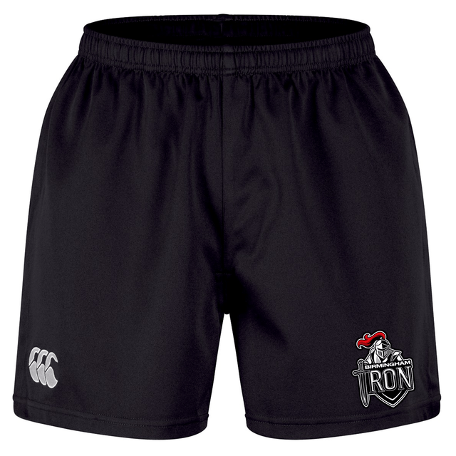 The Birmingham Iron Women's Football Professional Short 2.0 by EMB Canterbury features an elastic waistband, a white Canterbury logo on the left leg, and a Birmingham Iron logo on the right—durable for both on and off the field.