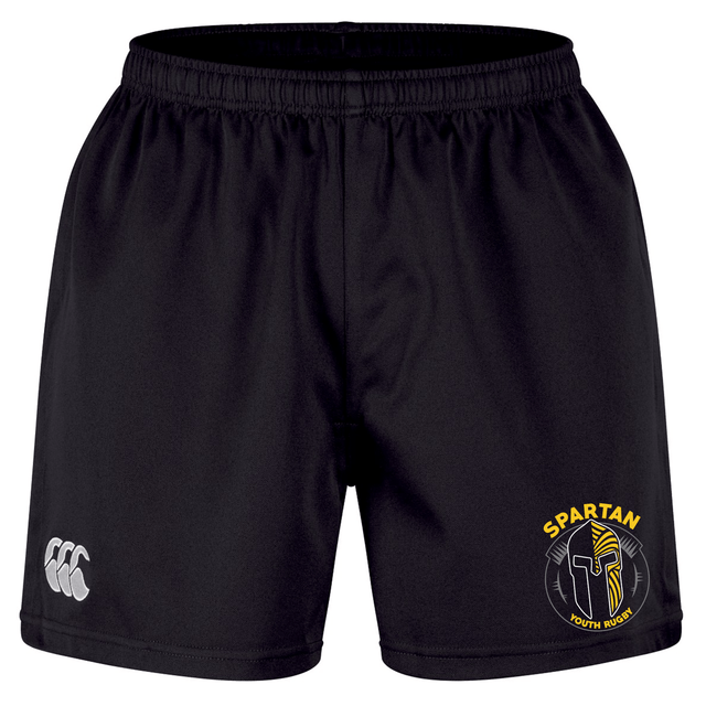 The Spartan Youth Rugby Professional Short 2.0 by EMB Canterbury features an elastic waistband, white Canterbury logo on the left leg, yellow Spartan Youth Rugby logo on the right, and offers durability for active youth.