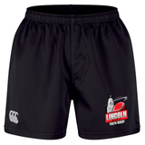 The Lincoln City Youth Rugby Professional Short 2.0 by EMB Canterbury features a black design with an elastic waistband, displaying a Canterbury logo on one leg and a “Lincoln Youth Rugby” emblem with a red rugby ball on the other. These durable sports shorts are perfect for both training sessions and match days.